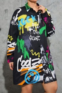 Black Casual Irregular Printed Basic Turndown Collar Shirt Plus Size Dresses