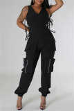 Ink Green Casual Solid Color Lace Up V Neck Regular Jumpsuits