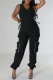 Black Casual Solid Color Lace Up V Neck Regular Jumpsuits