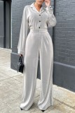 Light Gray Casual Solid Color Buttons Turndown Collar Long Sleeve Two Pieces