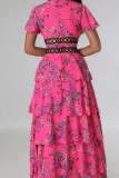 Rose Red Casual Floral Print Hollow Out Patchwork Deep V Neck Long Dresses