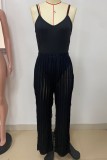 Black Sexy Casual Solid Color Backless Spaghetti Strap Sleeveless Two Pieces