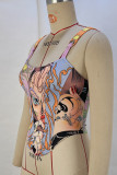 Colour Sexy Print Patchwork Backless Cross Straps Spaghetti Strap Tops