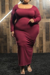 Red Casual Solid Color Basic U Neck Long Sleeve Plus Size Dresses