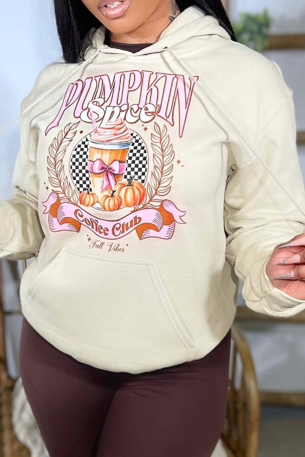 Cream White Casual Print Draw String Pocket Patchwork Hooded Tops