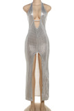 Blue Sexy Solid Color Hollow Out Patchwork Backless High Slit Deep V Neck Long Dresses
