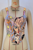 Colour Sexy Print Patchwork Backless Cross Straps Spaghetti Strap Tops