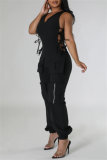 Ink Green Casual Solid Color Lace Up V Neck Regular Jumpsuits