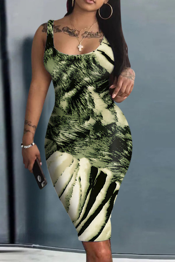 Green Casual Print Basic U Neck Vest Dresses