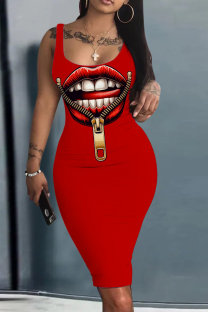 Red Casual Print Basic U Neck Vest Dresses