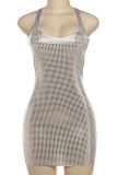 Blue Sexy Print Patchwork Backless Halter Wrapped Skirt Dresses