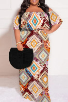Multicolor Sexy Geometric Print Floral Print Contrast Off Shoulder Printed Plus Size Dresses