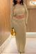 Khaki Elegant Solid Color Patchwork Backless Off Shoulder Long Sleeve Two Pieces