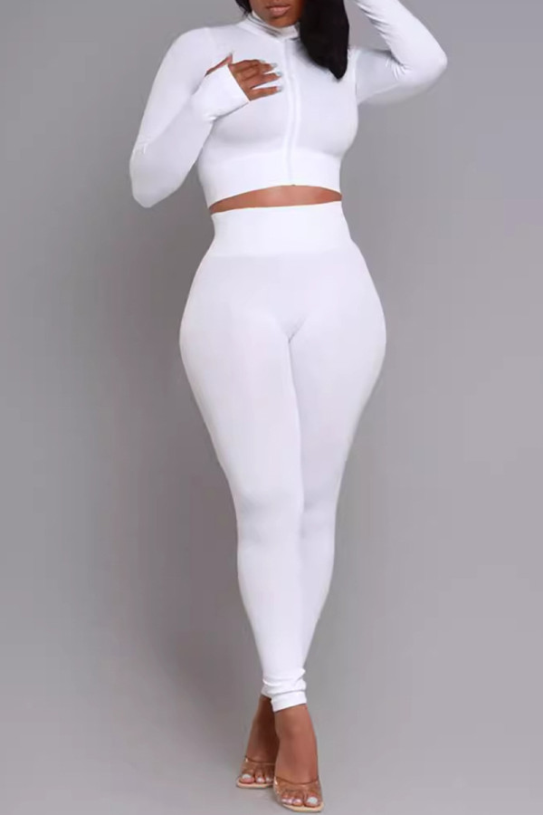 White Casual Solid Color Patchwork Zipper Zipper Collar Long Sleeve Two Pieces