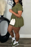 Army Green Casual Solid Color V Neck Short Sleeve Two Pieces