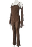 Brown Casual Solid Color Hollow Out Patchwork Backless Strap Design Spaghetti Strap Skinny Jumpsuits