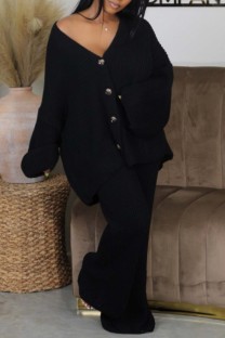 Black Casual Solid Color Buttons V Neck Long Sleeve Two Pieces
