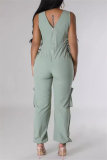 Ink Green Casual Solid Color Lace Up V Neck Regular Jumpsuits