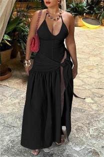 Black Sexy Solid Color Backless Belted Spaghetti Strap Sleeveless Two Pieces