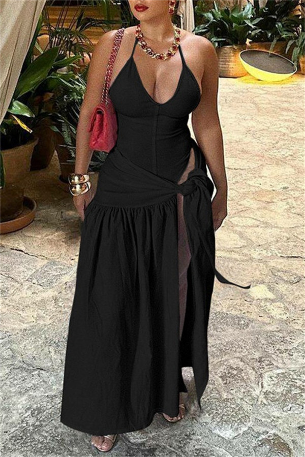 Black Sexy Solid Color Backless Belted Spaghetti Strap Sleeveless Two Pieces