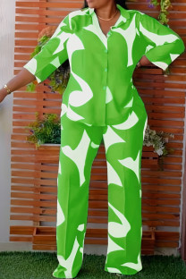 Green Casual Print Patchwork Buckle Turndown Collar Plus Size Two Pieces