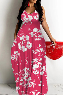 Rose Red Casual Print Backless Spaghetti Strap Long Dresses