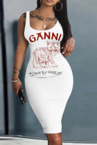 White Red Casual Print Basic U Neck Vest Dresses