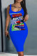 Blue Casual Print Basic U Neck Vest Dresses