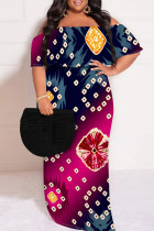 Blue Purple Sexy Geometric Print Floral Print Contrast Off Shoulder Printed Plus Size Dresses