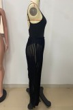 Black Sexy Casual Solid Color Backless Spaghetti Strap Sleeveless Two Pieces