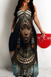 Dark Brown Casual Figure Print Backless Spaghetti Strap Long Dresses