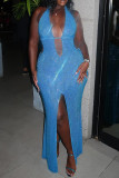 Blue Sexy Solid Color Hollow Out Patchwork Backless High Slit Deep V Neck Long Dresses