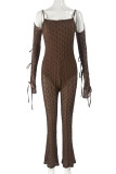 Brown Casual Solid Color Hollow Out Patchwork Backless Strap Design Spaghetti Strap Skinny Jumpsuits