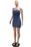 Blue Sexy Patchwork Hot Drilling Backless Strapless Wrapped Skirt Dresses
