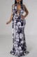 Black White Sexy Tie Dye Print Hollow Out Backless Belted Halter Long Dresses