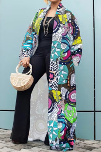 Multicolor Street Print Patchwork Cardigan Collar Plus Size Overcoat