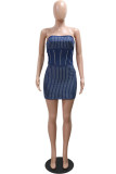 Blue Sexy Patchwork Hot Drilling Backless Strapless Wrapped Skirt Dresses