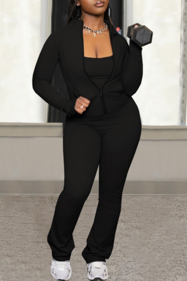 Black Casual Solid Color Basic Zipper Collar Long Sleeve Two Pieces