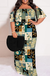 Green Sexy Geometric Print Floral Print Contrast Off Shoulder Printed Plus Size Dresses
