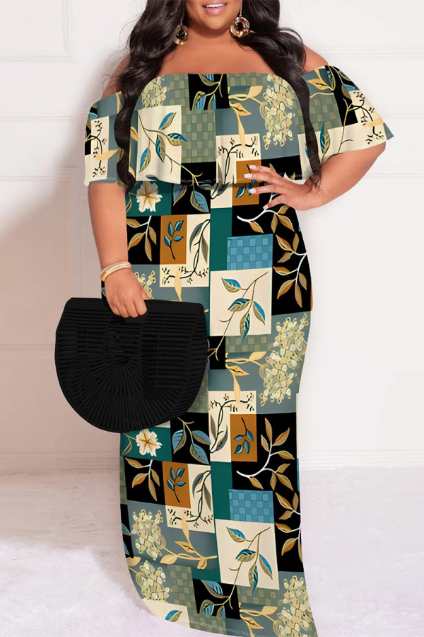 Green Sexy Geometric Print Floral Print Contrast Off Shoulder Printed Plus Size Dresses