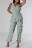 Ink Green Casual Solid Color Lace Up V Neck Regular Jumpsuits