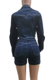 Deep Blue Street Solid Color Pocket Buttons Patchwork Zipper Turndown Collar Long Sleeve Two Pieces
