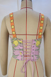 Colour Sexy Print Patchwork Backless Cross Straps Spaghetti Strap Tops