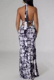 Black White Sexy Tie Dye Print Hollow Out Backless Belted Halter Long Dresses