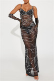Black Sexy Patchwork Hot Drilling See-Through Backless Slit Spaghetti Strap Long Dresses (No Sleeves)