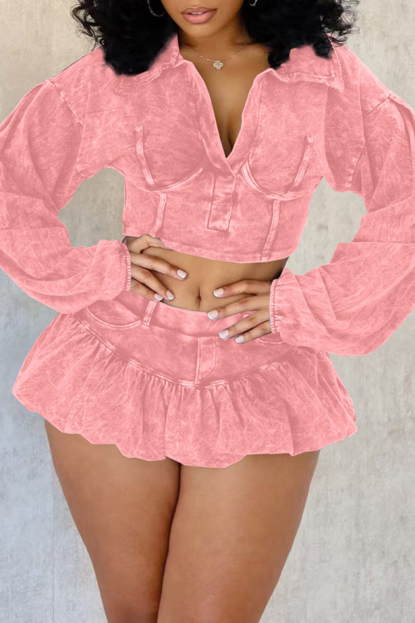 Pink Casual Solid Color Patchwork Turndown Collar Long Sleeve Two Pieces