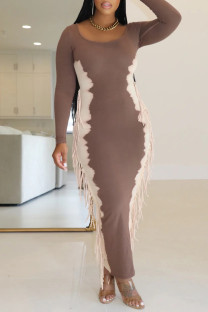 Brown Elegant Print Fringed Trim Patchwork U Neck Long Dresses