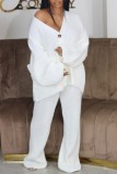 Water Blue Casual Solid Color Buttons V Neck Long Sleeve Two Pieces