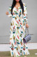 White Blue Elegant Animal Print Flowers Letters Lace Up Contrast V Neck Printed Dresses