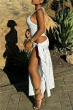 White Sexy Solid Color Backless Belted Spaghetti Strap Sleeveless Two Pieces